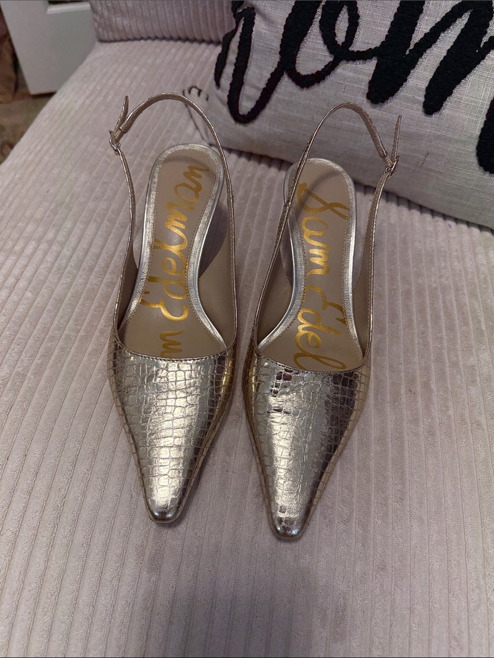 Sam Edelman Metallic Gold Croc-Embossed Slingback Pointed Pumps